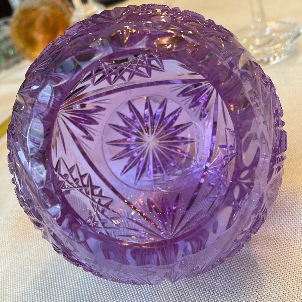 Rare high quality Purple Cut Glass Vase, rosebowl change color under LED light